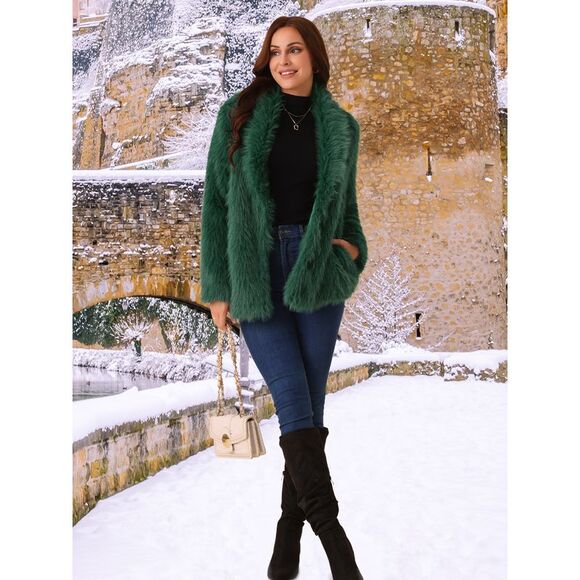 Pockets Lapel Shaggy Warm Winter Overcoat Fluffy Jackets Dark Green - Picture 4 of 5